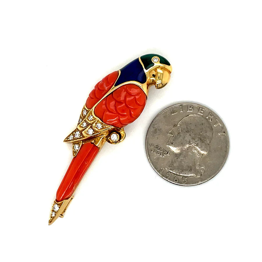 FABERGE Blue Enamel, Coral and Diamond Parrot Brooch
