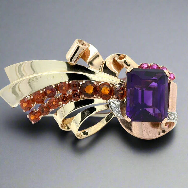 Retro Estate Amethyst, Garnet, Pink Sapphire and Diamond 14K Brooch