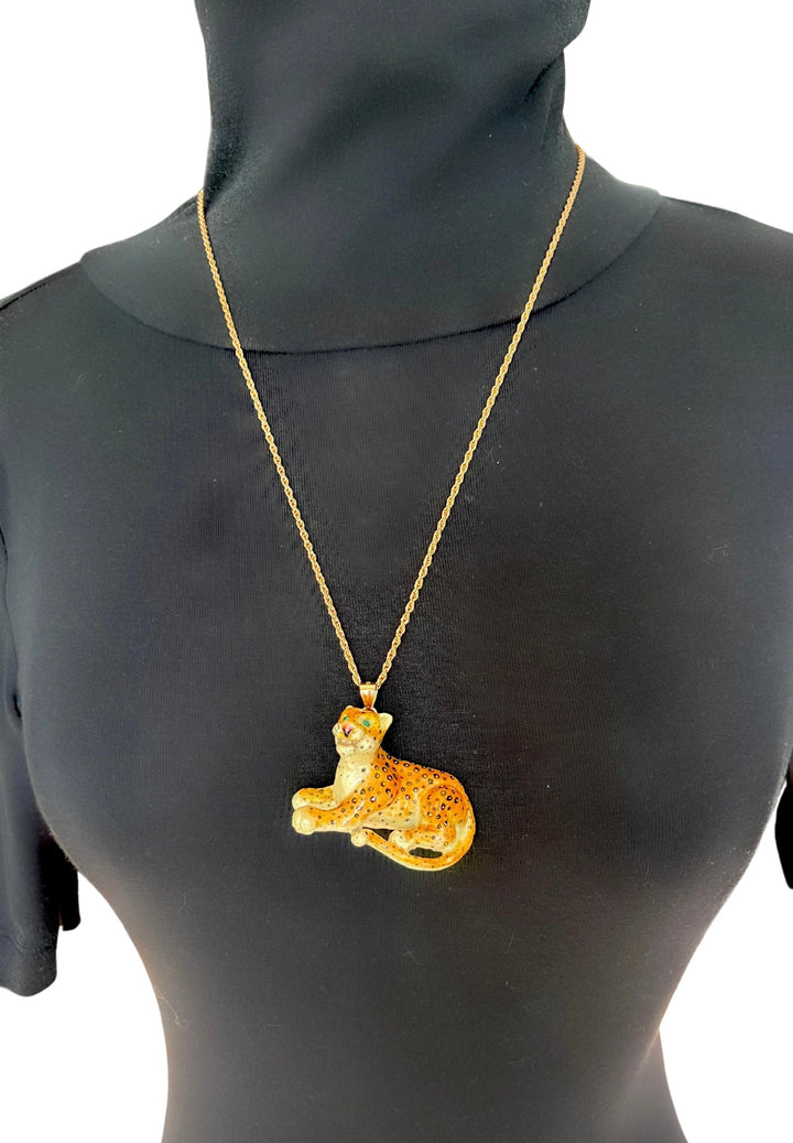 Designer Cheetah Enamel and Emerald Pendant