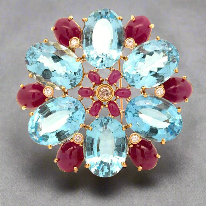 Estate Diamond, Ruby and Blue Topaz Statement Brooch