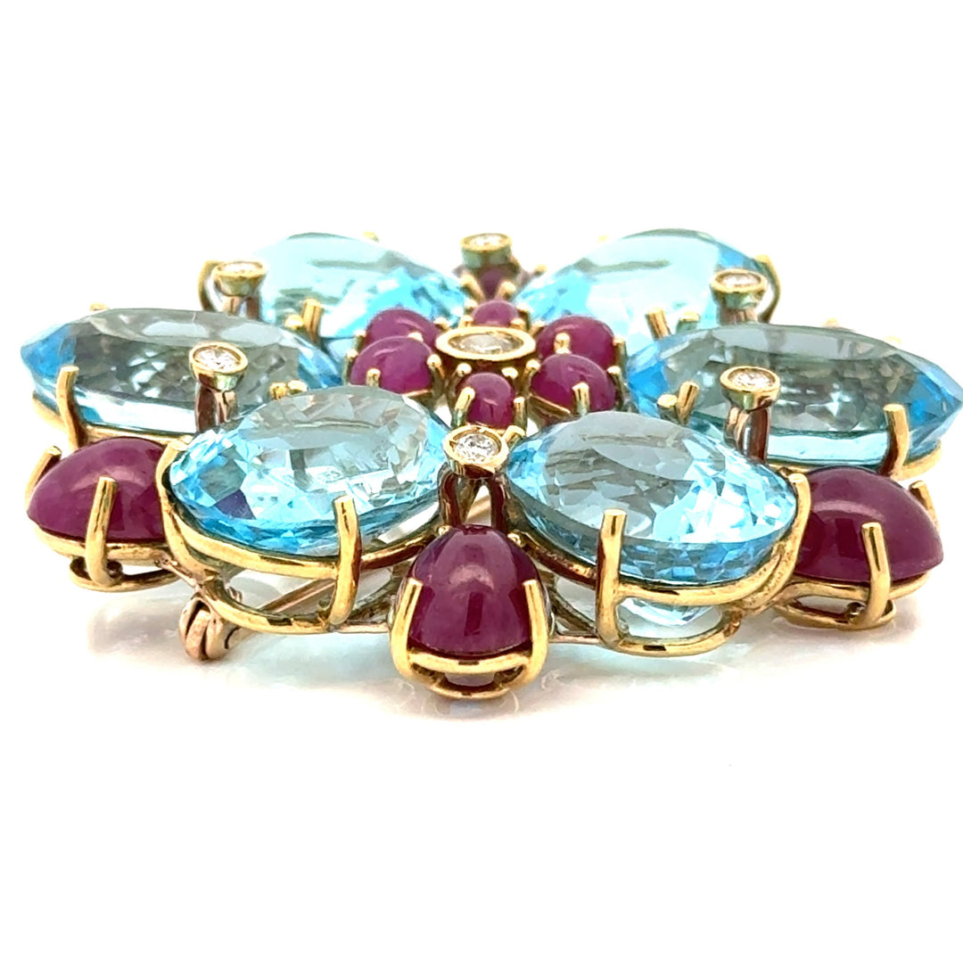 Estate Diamond, Ruby and Blue Topaz Statement Brooch