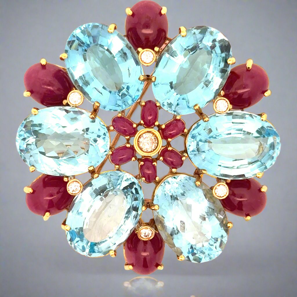 Estate Diamond, Ruby and Blue Topaz Statement Brooch