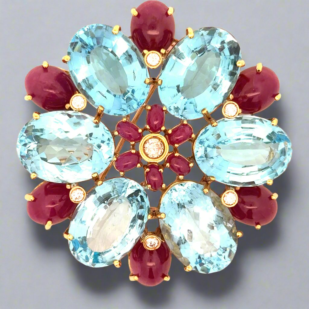 Estate Diamond, Ruby and Blue Topaz Statement Brooch