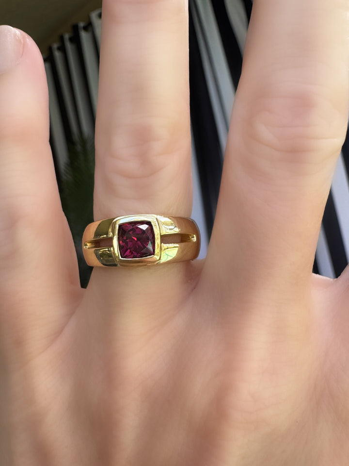 Cushion Cut Rhodolite Garnet and 14K Yellow Gold Ring