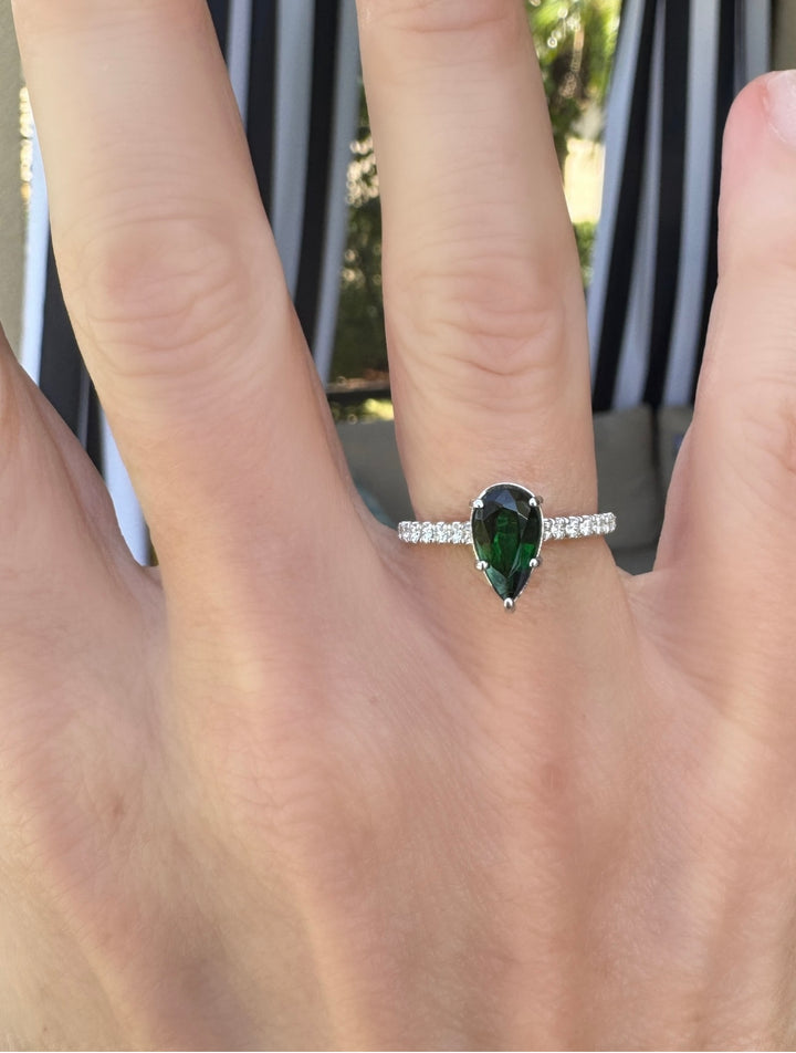 Pear Shaped Chrome Green Tourmaline, Diamond and 14K White Gold Ring