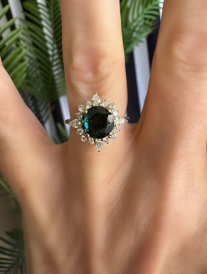 Round Green Tourmaline and Diamond 14K Yellow Gold Cocktail Ring