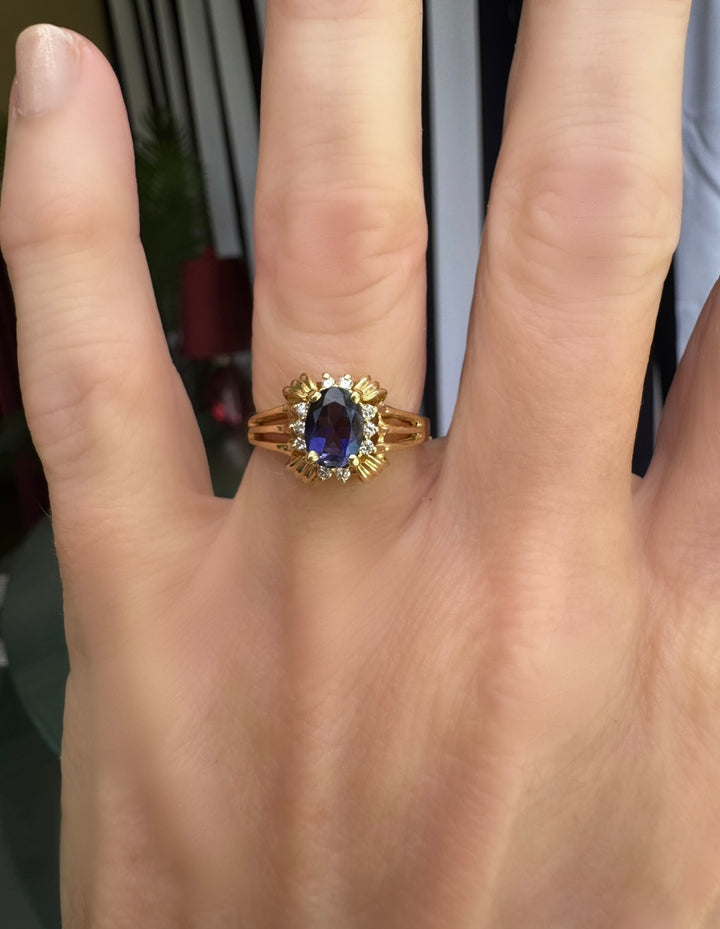 14K Yellow Gold Oval Iolite and Diamond Ring