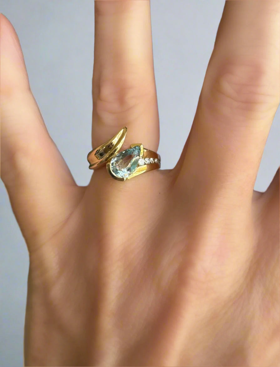 Pear Shaped Aquamarine, Diamond and 14K Yellow Gold Cocktail Ring