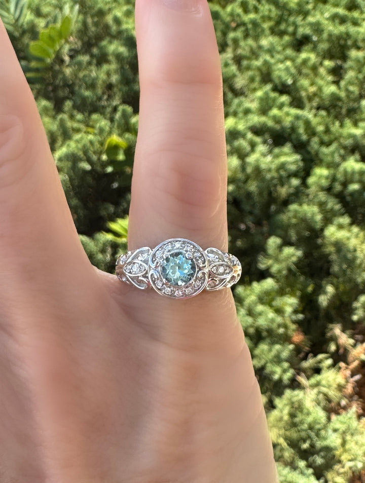 Aquamarine, Diamond and 14K White Gold Scroll Cocktail Ring