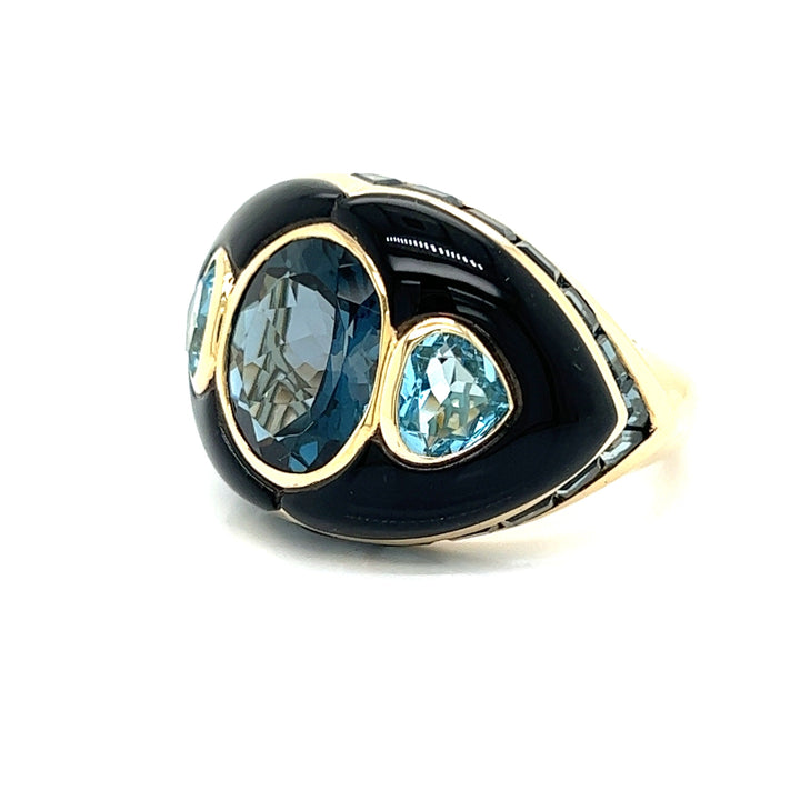Blue Topaz, Onyx and Yellow Gold Statement Ring