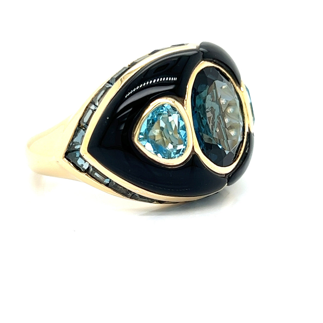 Blue Topaz, Onyx and Yellow Gold Statement Ring