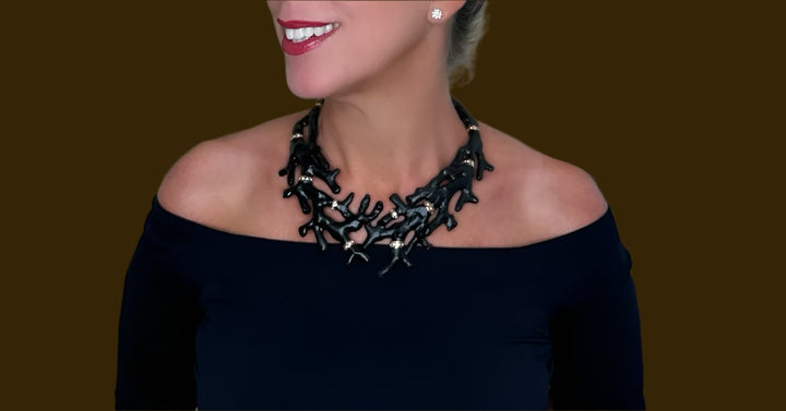 Annibale Baldini Italian Swarovski Crystal and Black Coral Statement Necklace