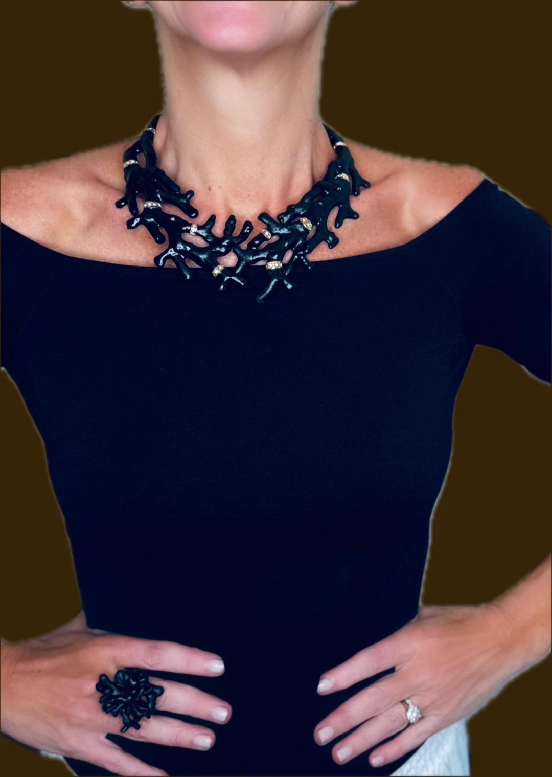 Annibale Baldini Italian Swarovski Crystal and Black Coral Statement Necklace