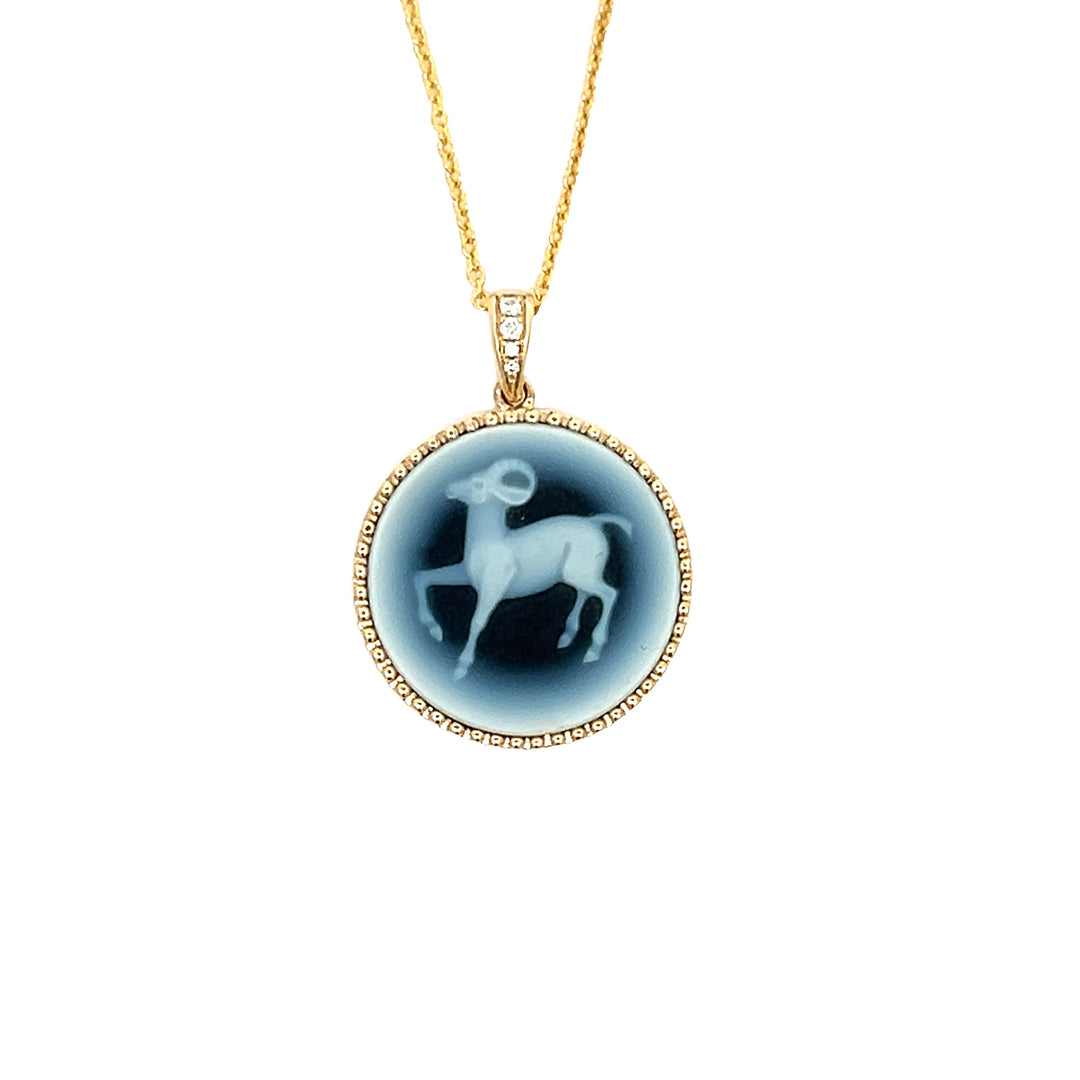 Diamond 14K Yellow Gold and Agate Aries Zodiac Cameo Necklace