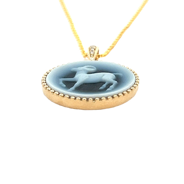 Diamond 14K Yellow Gold and Agate Aries Zodiac Cameo Necklace