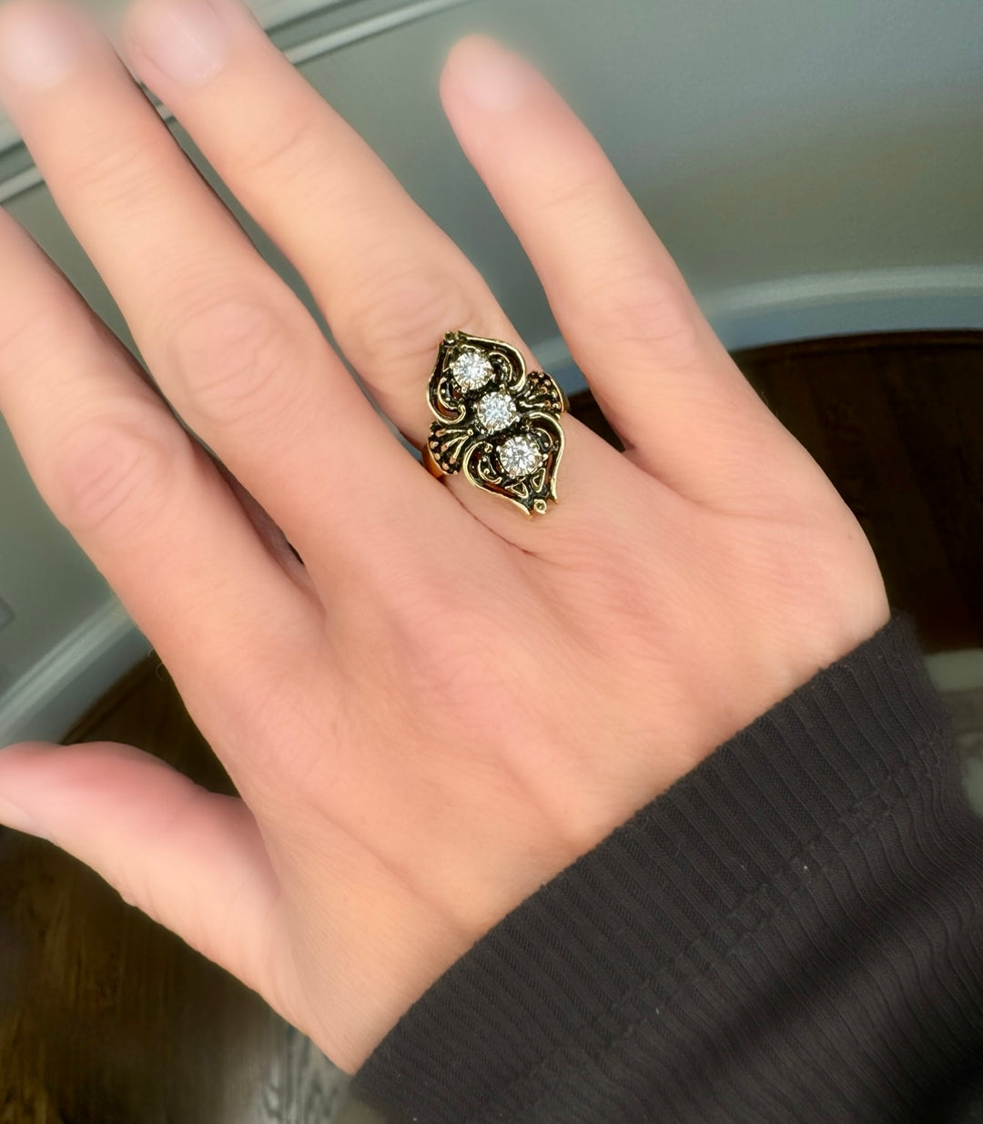 Antique Three Stone Diamond and 14K Gold Ring