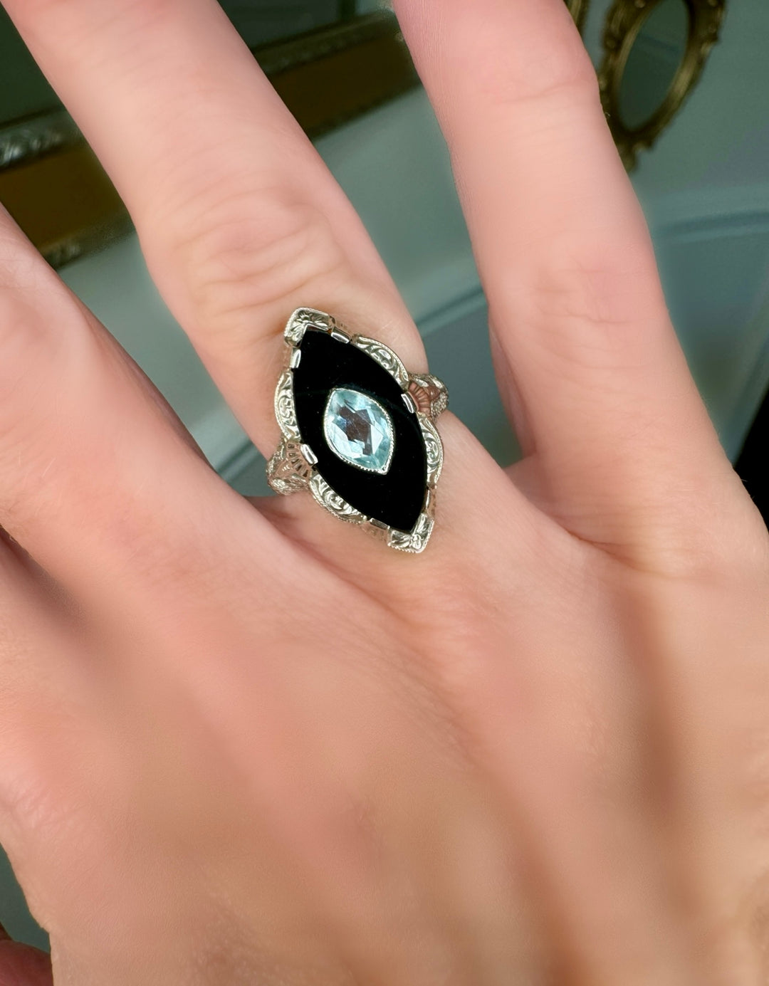 Art Deco Aqua and Onyx 14K Gold Ring