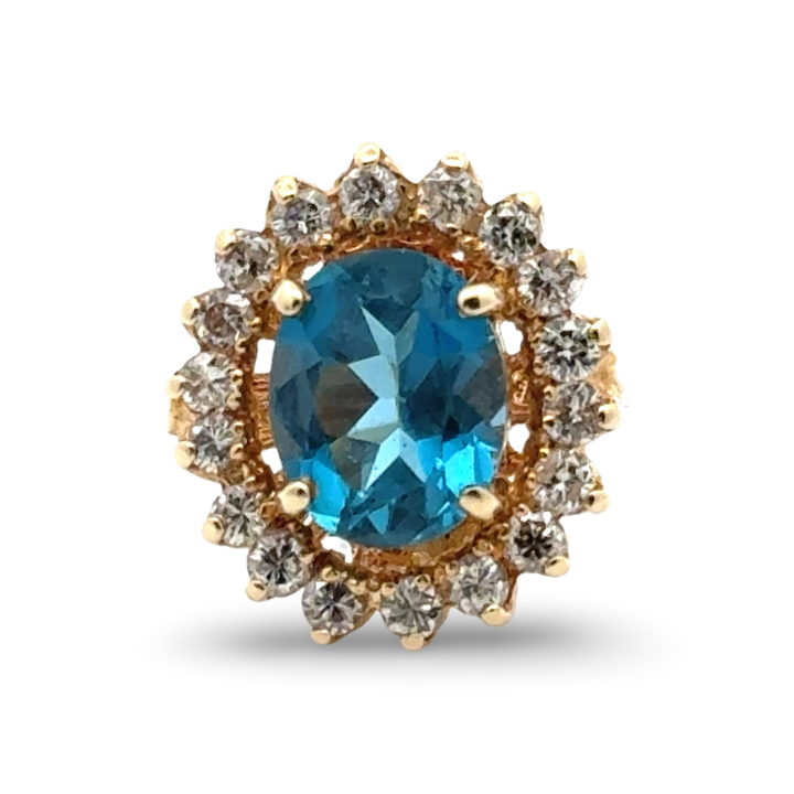 Oval Blue Topaz, Diamond and 14K Yellow Gold Ring