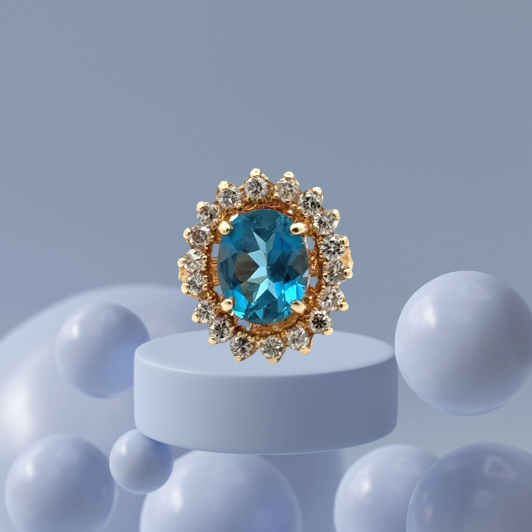 Oval Blue Topaz, Diamond and 14K Yellow Gold Ring