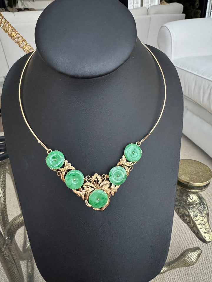 Vintage 1960s Jadeite and 14K Yellow Gold Necklace