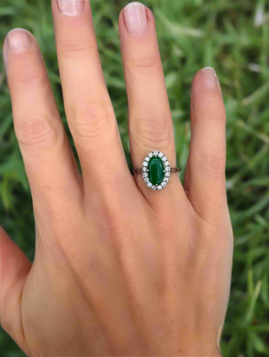 Natural Jade, Diamond and Platinum Vintage Halo Ring