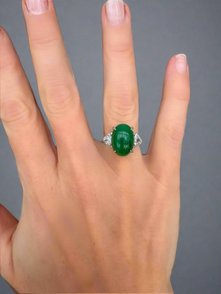 Vintage 8.15 Carat Natural Jade, Diamond and Platinum Ring