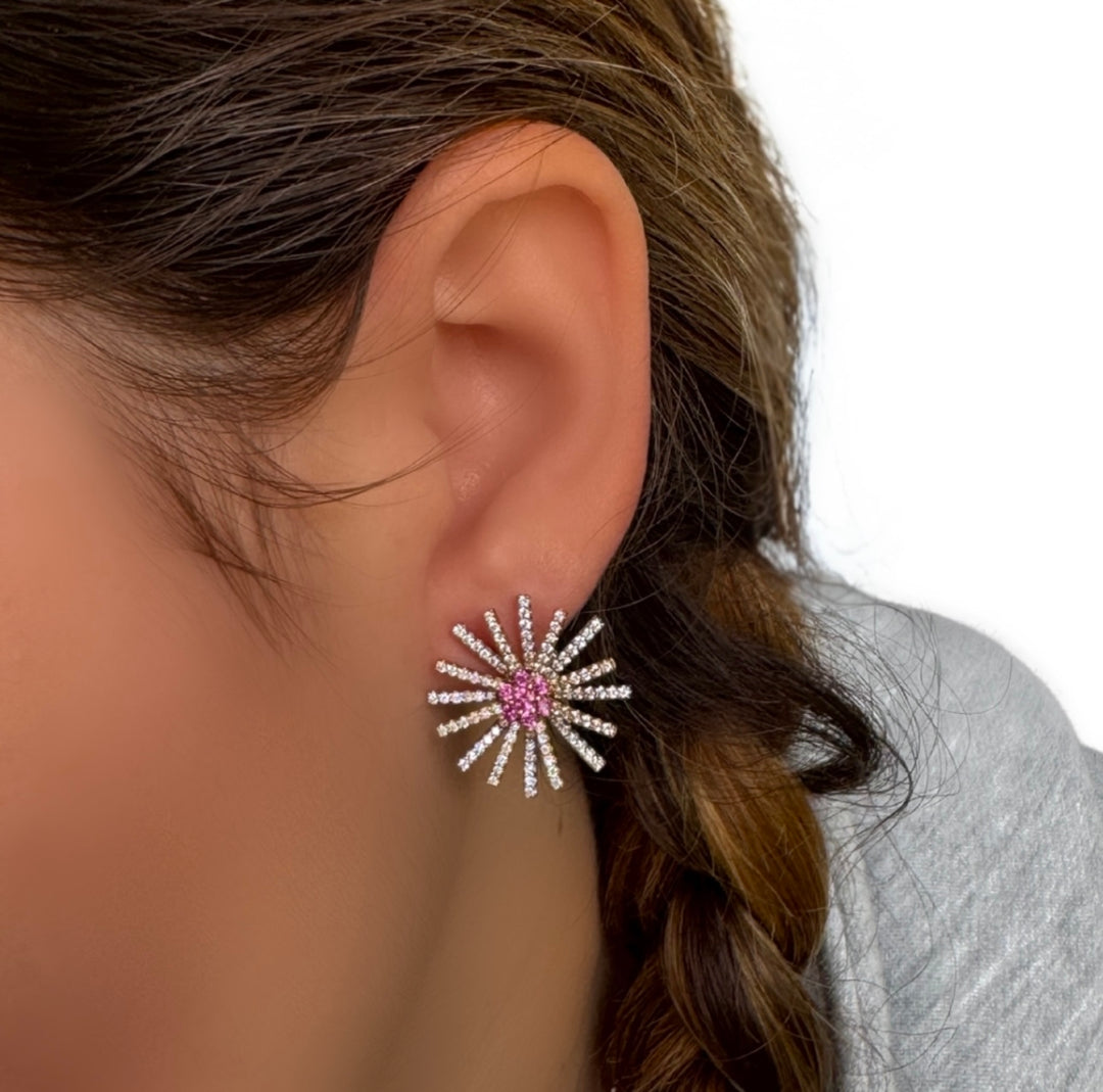 Retro Pink Sapphire, Diamond and 18K Burst Earrings