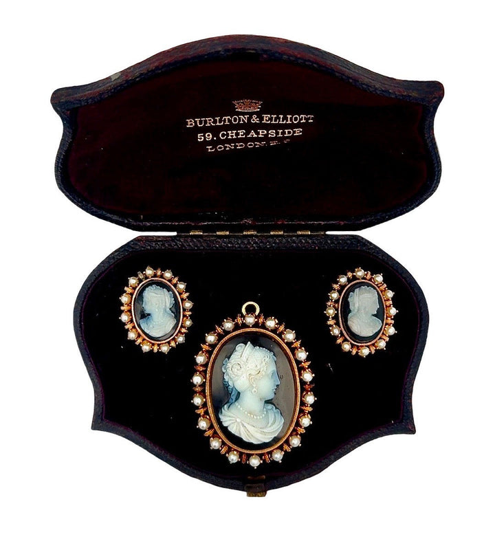 18K Gold Cultured Pearl Cameo Earrings and Brooch Suite