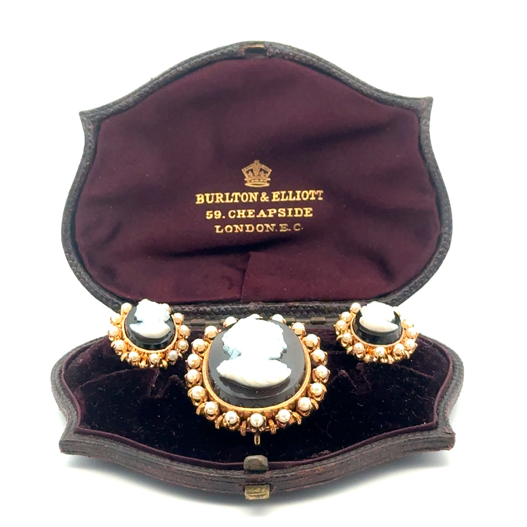 18K Gold Cultured Pearl Cameo Earrings and Brooch Suite