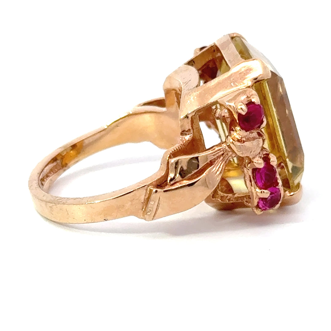 Retro Citrine, Ruby and 14K Yellow Gold Ring