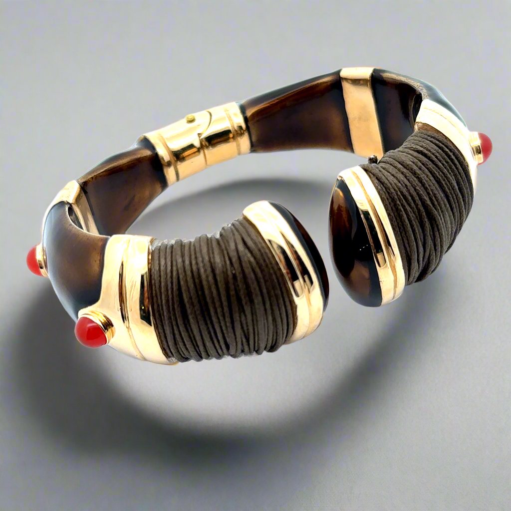 Annibale Baldini Italian Brown Enamel, Leather and Cabochon Bangle Bracelet