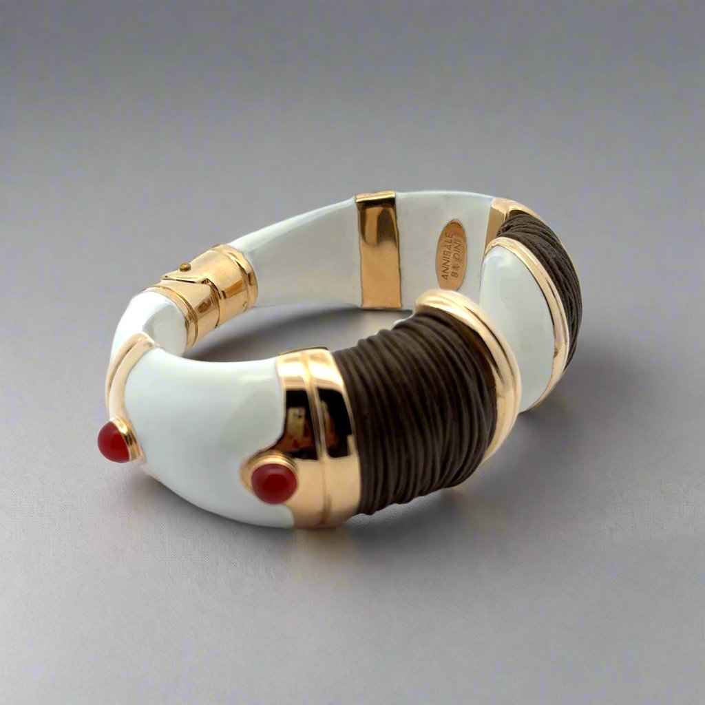 Annibale Baldini Italian White Enamel, Leather and Cabochon Bangle Bracelet