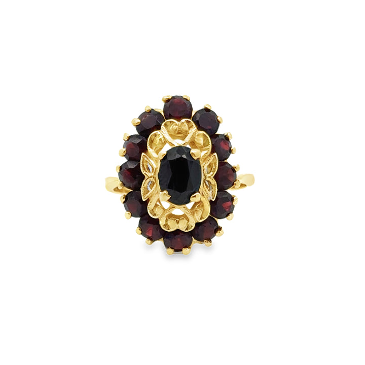 Garnet and 18K Yellow Gold Filagree Vintage Ring