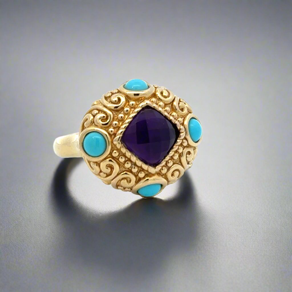 Turquoise, Amethyst and 14K Yellow Gold Ring