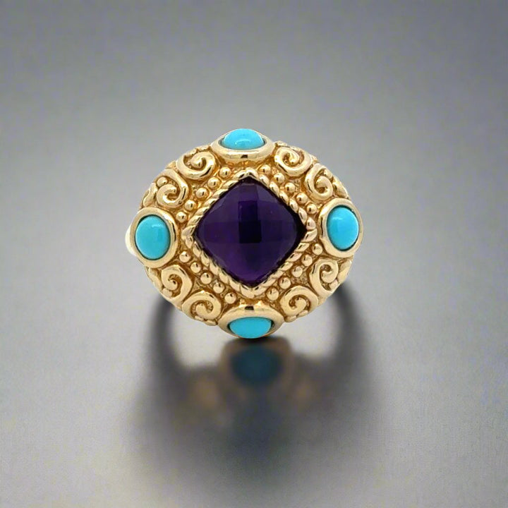 Turquoise, Amethyst and 14K Yellow Gold Ring