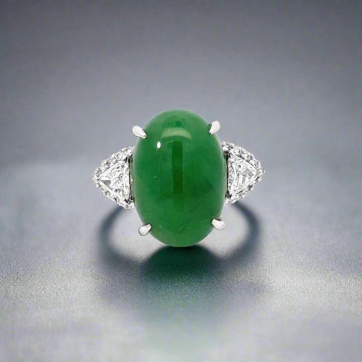 Vintage 8.15 Carat Natural Jade, Diamond and Platinum Ring