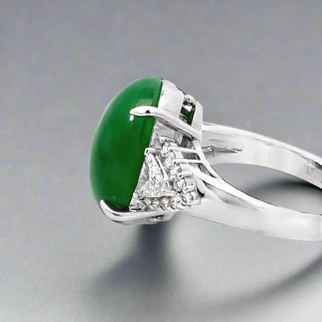 Vintage 8.15 Carat Natural Jade, Diamond and Platinum Ring