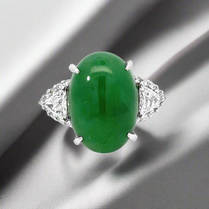 Vintage 8.15 Carat Natural Jade, Diamond and Platinum Ring