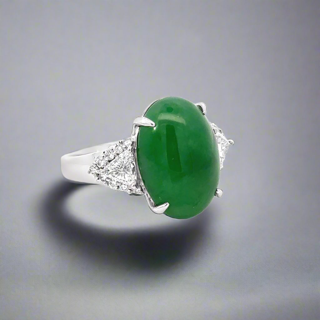 Vintage 8.15 Carat Natural Jade, Diamond and Platinum Ring