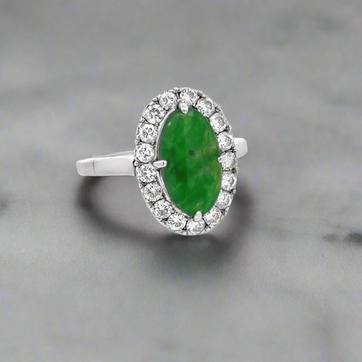 Natural Jade, Diamond and Platinum Vintage Halo Ring