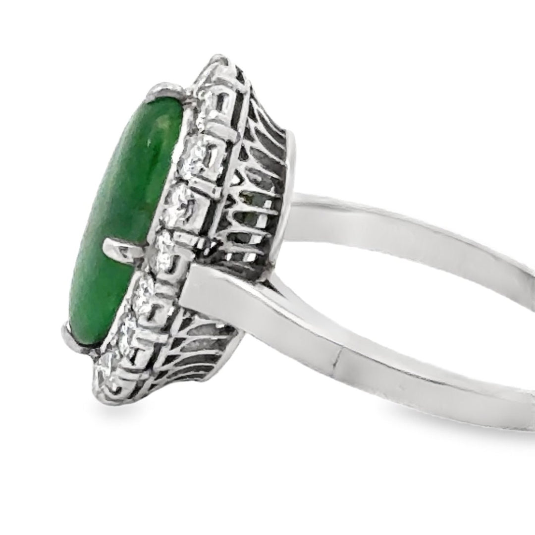 Natural Jade, Diamond and Platinum Vintage Halo Ring