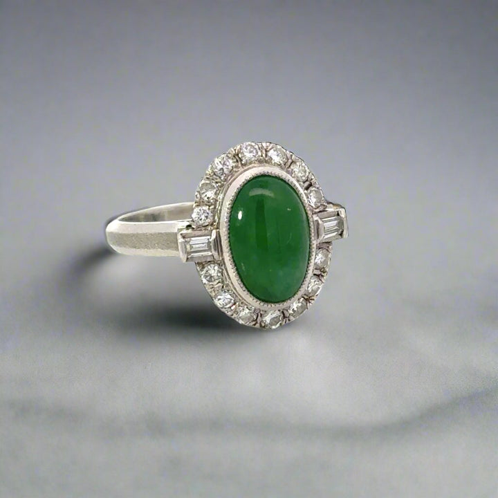 Cabochon Jade, Diamond and Platinum Vintage Ring