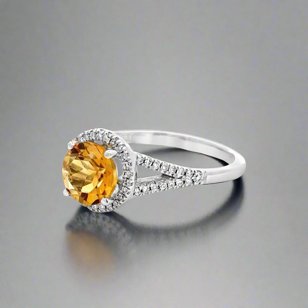 Citrine, Diamond and 14K White Gold Ring