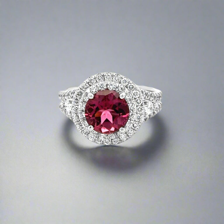 Round Pink Tourmaline and Diamond 18K White Gold Estate Ring