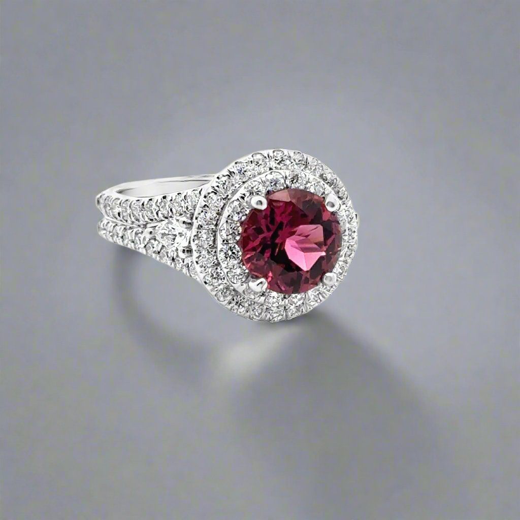 Round Pink Tourmaline and Diamond 18K White Gold Estate Ring