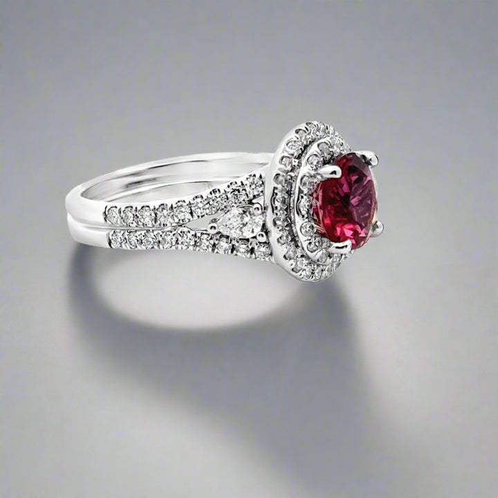 Round Pink Tourmaline and Diamond 18K White Gold Estate Ring