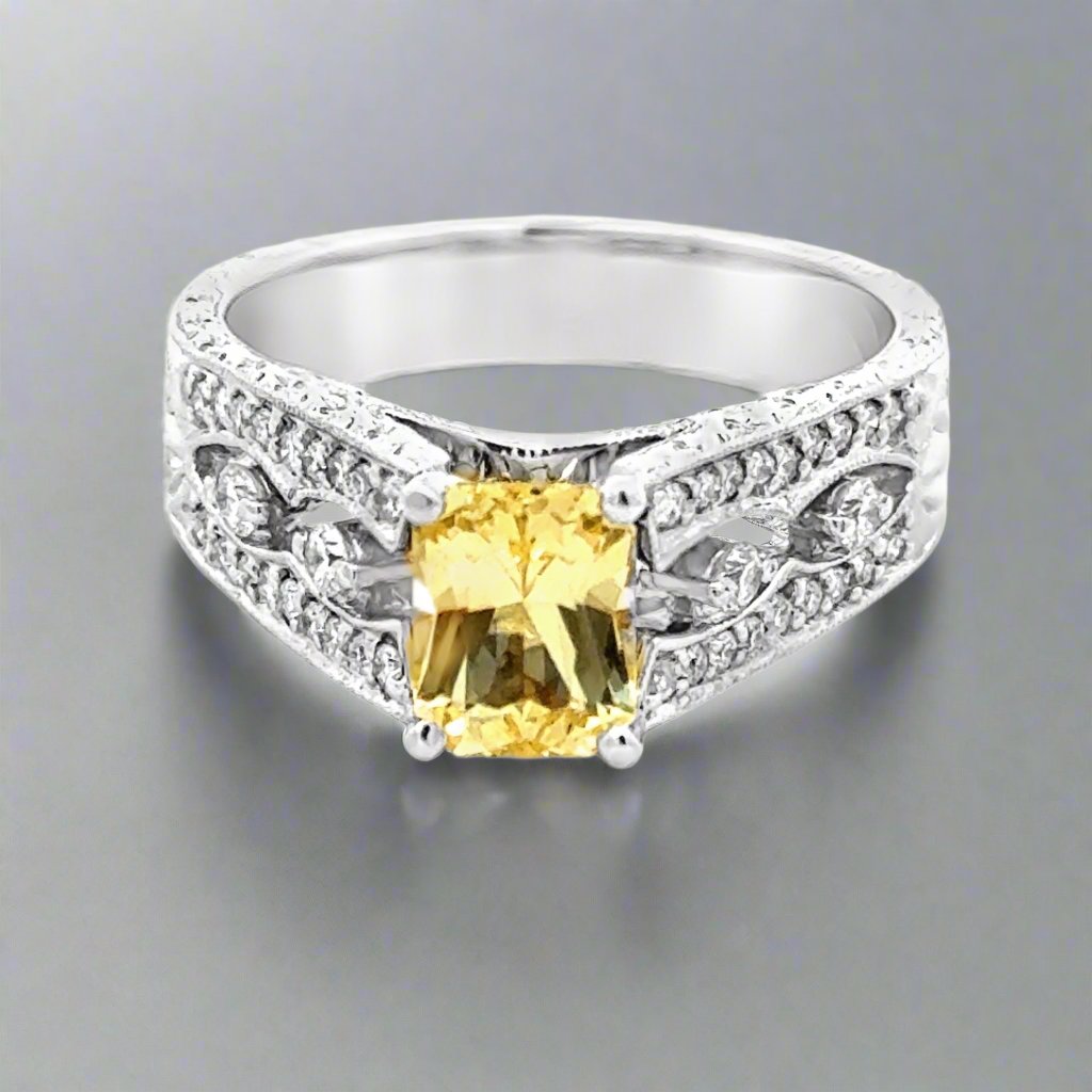 Yellow Sapphire and Diamond 18K White Gold Vintage Ring