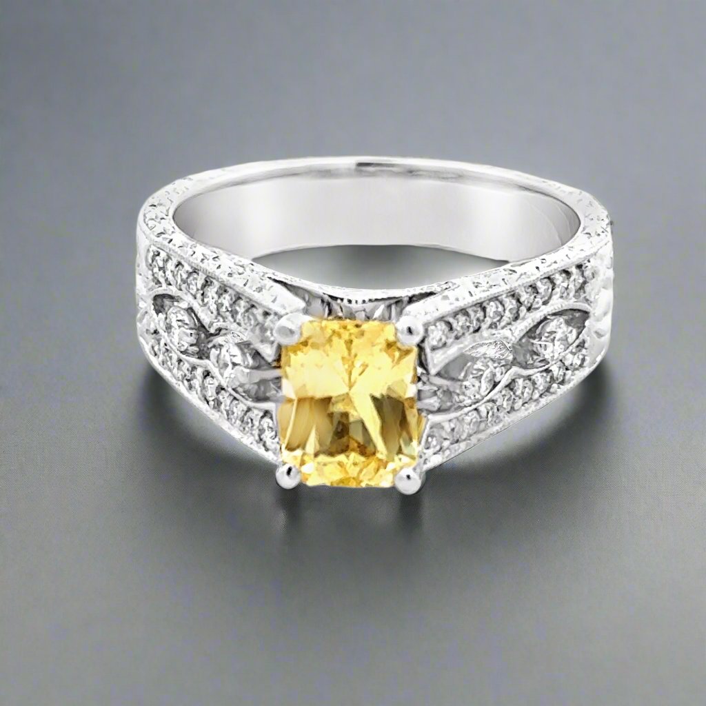 Yellow Sapphire and Diamond 18K White Gold Vintage Ring