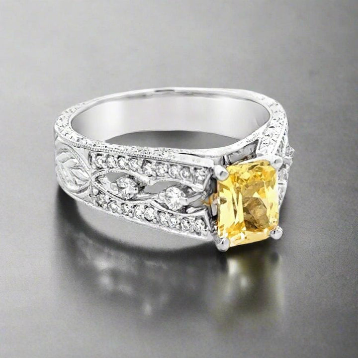 Yellow Sapphire and Diamond 18K White Gold Vintage Ring