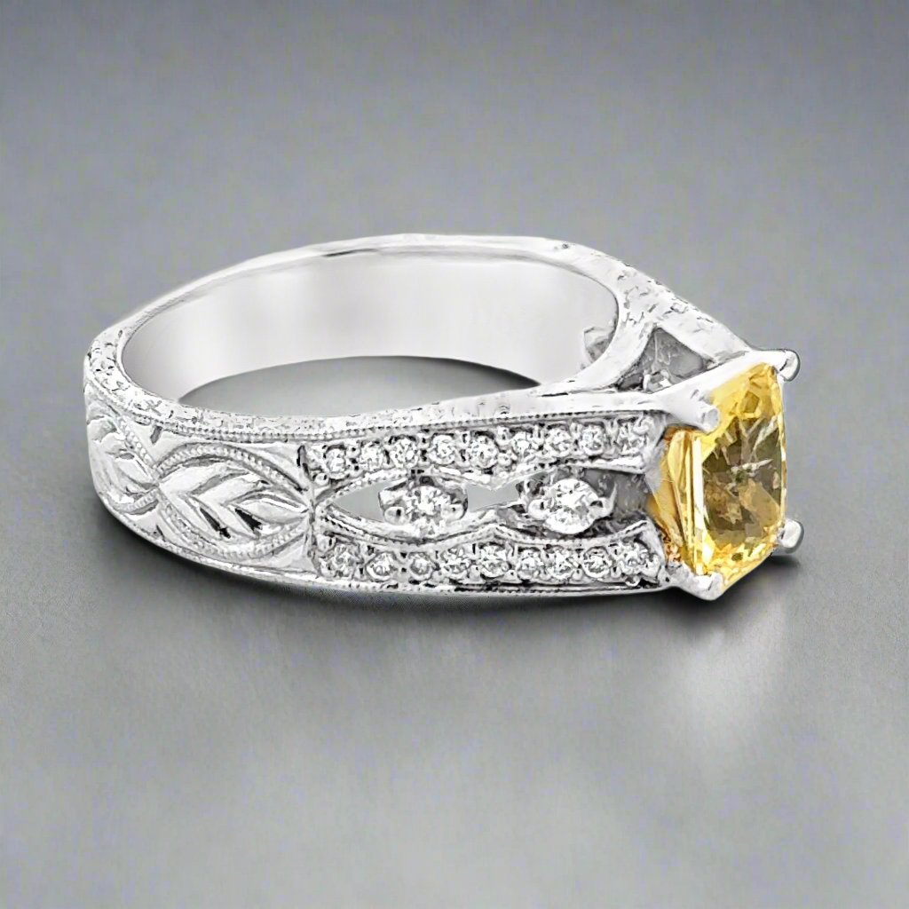 Yellow Sapphire and Diamond 18K White Gold Vintage Ring